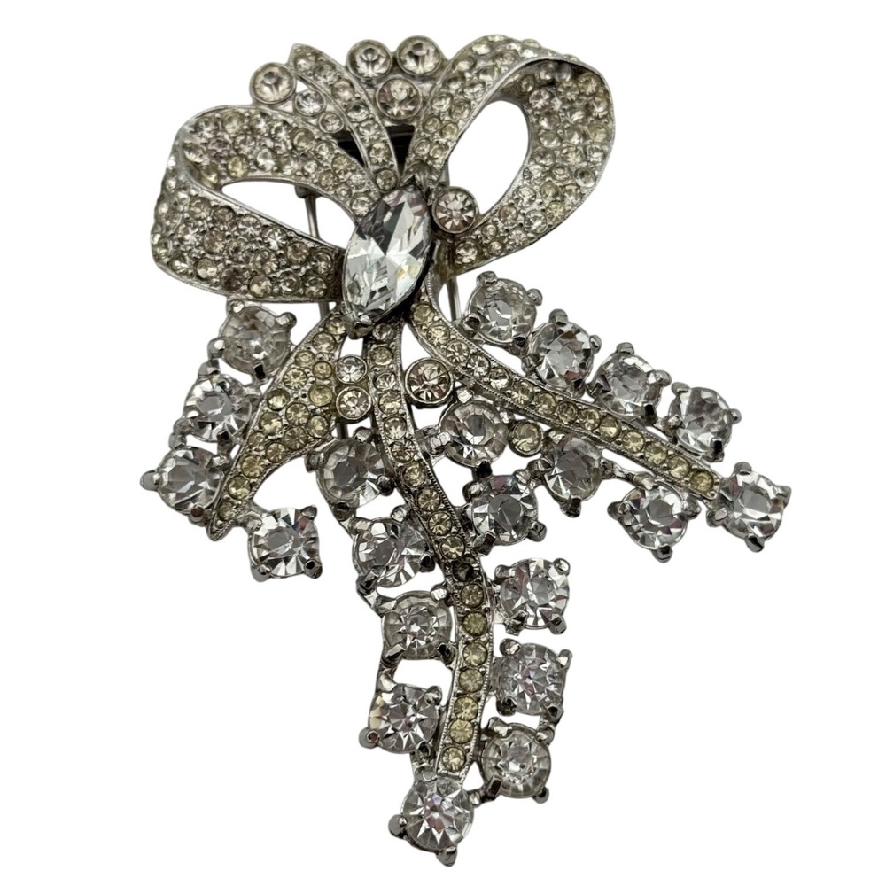 Vintage Coro Signed Rhinestone Large Bow Silver Tone Dress Fur Clip